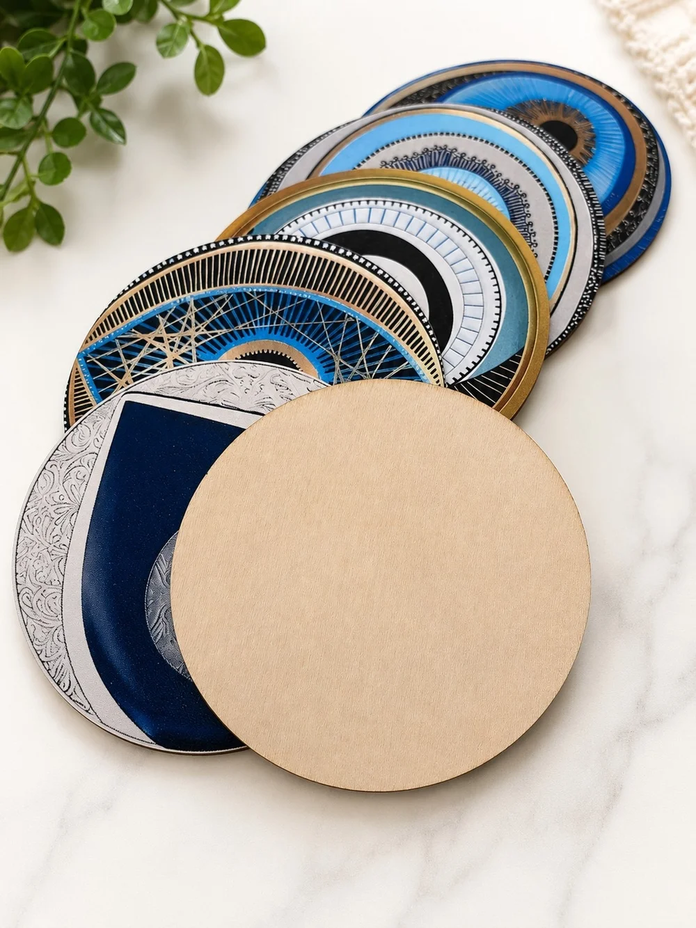 a Set of 6 Colorful Wooden Coasters with Eye Designs